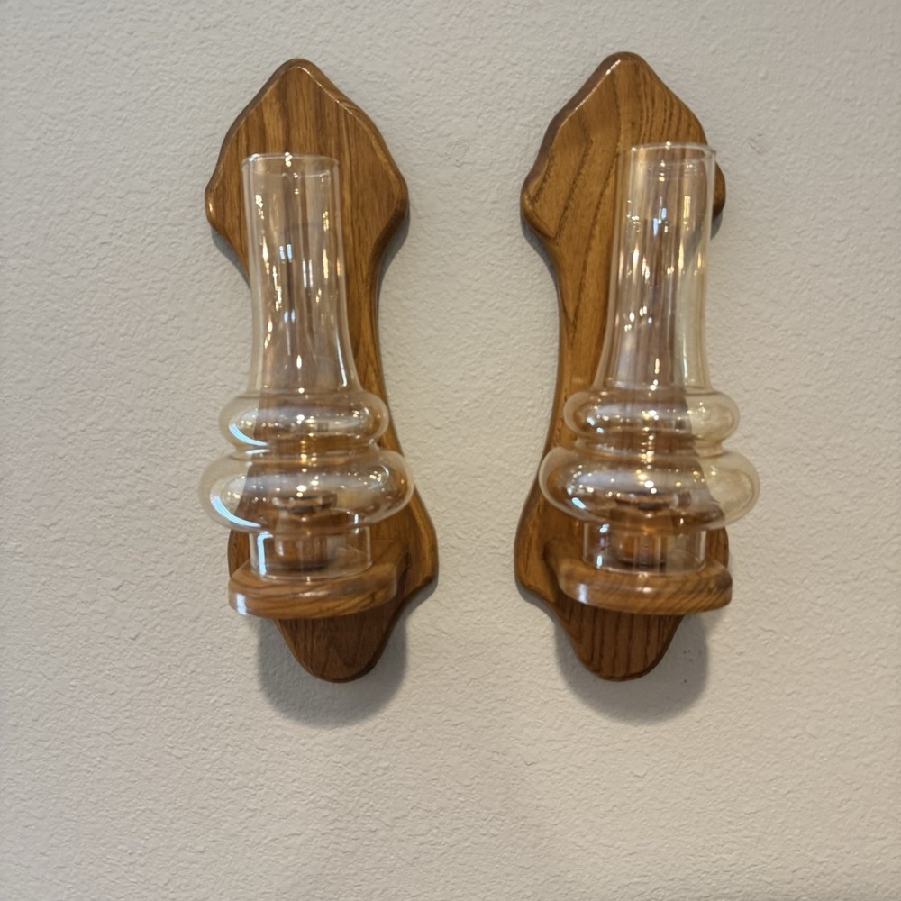 Pair Of  Vintage Oak Wall Sconces Hurricane Glass Candle Holders 15" Cottagecore